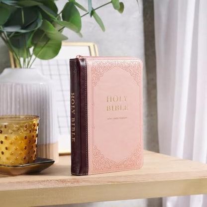 KJV Holy Bible, Compact Faux Leather Red Letter Edition - Ribbon Marker, King James Version, Pink/Burgundy, Zipper Closure (KJV Compact Editions)