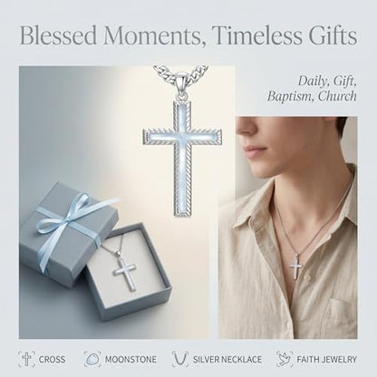 MRENITE Silver Natural Stone Cross Necklace, Classic Latin Cross Pendant Necklace for Unisex Women Man, Vintage Crystal Quartz Cross Necklace with 20+2 Inches Adjustable Cuban Chain - style: Moonstone