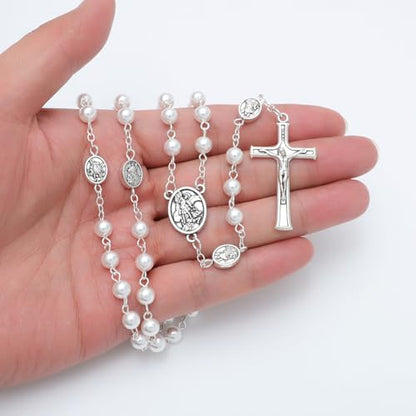 KOMI 6mm Glass Pearl Rosary Beads Catholic for Women with Metal Rosary Box Religious Gifts - style: St Michael-white
