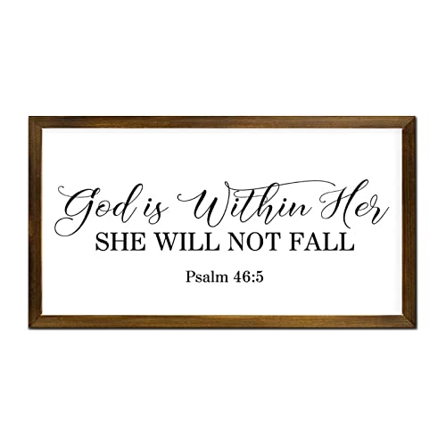 Motivational Quotes Scripture Framed Wood Sign God is Within Her She Will Not Fall Psalm 46 : 5 Wood Wall Plaque Funny Quote Rustic Wood Framed Hanging Art for Entryway Front Porch 12x22in - color: A-6, size: 12x22in