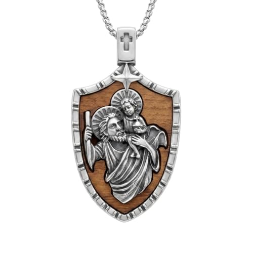 ONEFINITY Wooden Necklace Viking Wolf/St Benedict Medals/St Michael/Crucifix/St Christopher Pendant Necklace for Men Archangel Amulet Wooden Religious Jewelry Gifts for Men Women - style: St Christopher