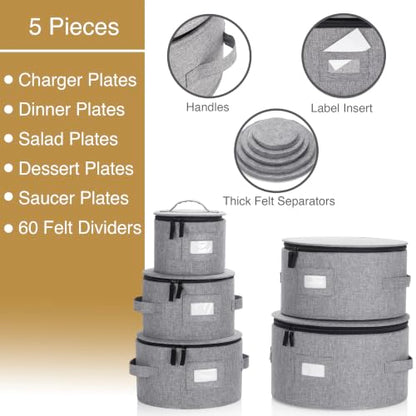 Stack Store Plus More 5PC China Storage Cases for Dinnerware - 13"-12"-10"-8.5" and 7" wide - 60 Plate Separators Included - style: 5 Plate Cases