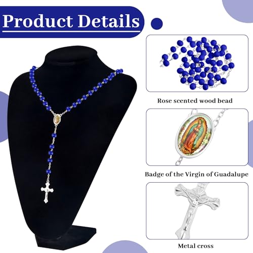 Taiyin 36 Pcs Wooden Bead Rosary Necklace with Crucifix and Our Lady of Guadalupe Scented First Communion Rosary with 36 Organza Bags Baptism Favors Catholic Gift for Men Women - color: Blue