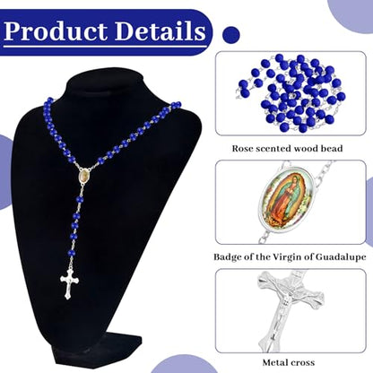 Taiyin 36 Pcs Wooden Bead Rosary Necklace with Crucifix and Our Lady of Guadalupe Scented First Communion Rosary with 36 Organza Bags Baptism Favors Catholic Gift for Men Women - color: Blue