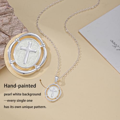 Bheop Cross Necklace for Women, 14K Gold Silver Enamel Pendant Necklace - color: Silver
