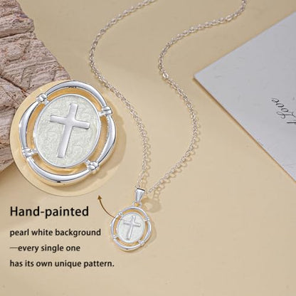 Bheop Cross Necklace for Women, 14K Gold Silver Enamel Pendant Necklace - color: Silver
