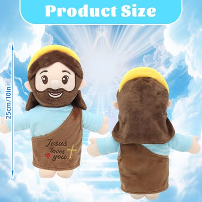 Yelakey Jesus Plush 10", Jesus Plush Stuffed Doll with Halo, White-Skinned Big-Eyed Cute Plushie Gifts for Kids, Christian Stuff Religious Party Toys for Church Easter Christmas Baptisms Favors - color: Brown-big-eyed