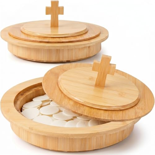 Zhehao 1 Pcs Wood Communion Bread Plate for Church Holy Communion Wafer Tray with Lid Elegant Worship Serving Plate for Church Service Ceremony (Bamboo Style) - style: Bamboo Style