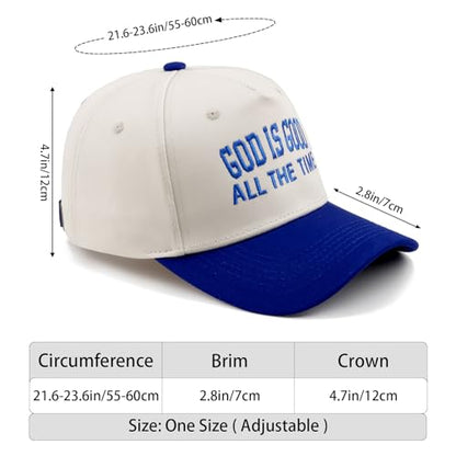 Embroidered Christian Two-Tone Baseball Cap for Men & Women, Adjustable Dad Hat Christmas Easter Gift - color: God is Good All the Time, Navy Blue/Beige