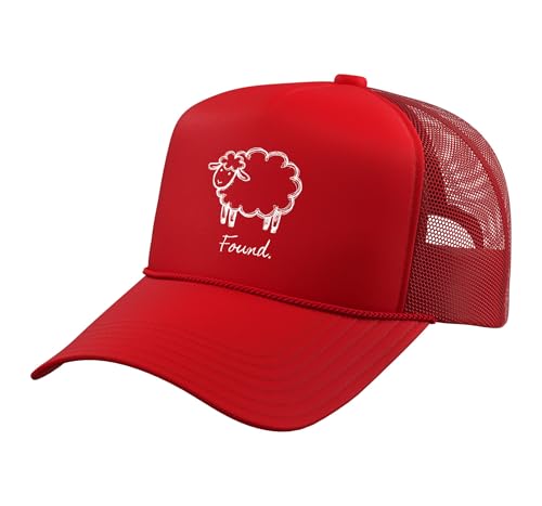 Found Minimalist Sheep Christian Psalm 23 Lamb Christian Trucker Hat with Adjustable Mesh Back - color: Red