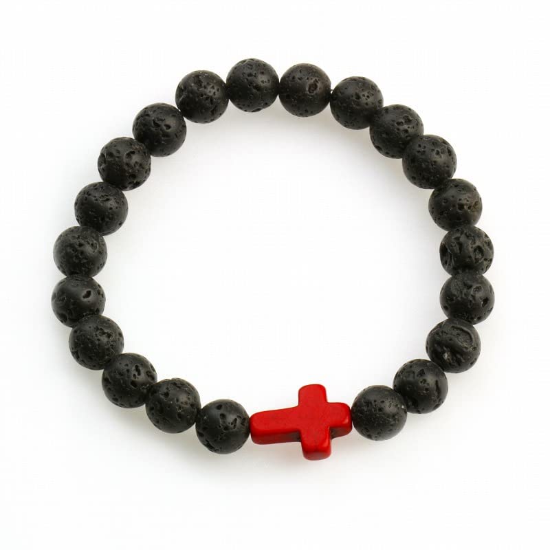 FORUBUS Lava Rock Stone Beaded Bracelet, Cross Charm Natural Volcanic Stone beads Turquoise Stretch Bracelet for Women Men Religion Jewelry Pray Baptism Gift - color: 1pcs red