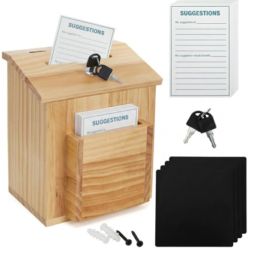 ZENFUN Wooden Suggestion Box with 50 Free Suggestion Cards, Natural Pinewood Ballot Comment Box Donation Box with Locking Hinged Lid for Countertop or Wall Mounted, 8.6" x 6.8" x 10"