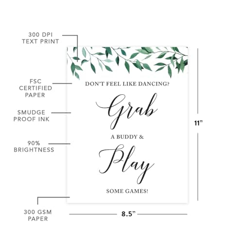 Andaz Press Wedding Party Signs, Natural Greenery Green Leaves, 8.5x11-inch, Don't Feel Like Dancing? Grab a Buddy and Play Some Games!, 1-Pack - color: Activities Games