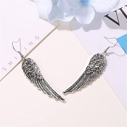 MALOYANVE Angel Wing Earrings for Women Unique Antique Silver Plated Fairy Feather Guardian Dangle Drop Hook Earrings Jewelry