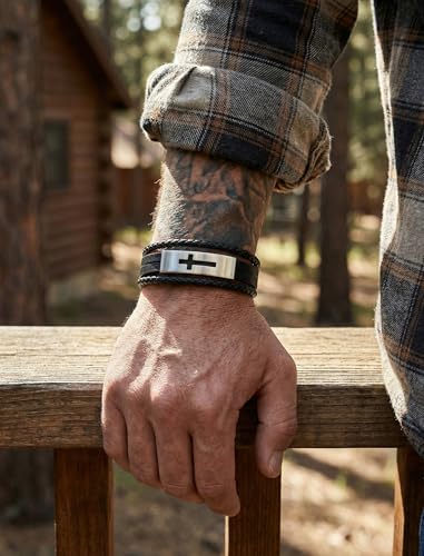 Mens Leather Cross Bracelet Multilayer Braided Wristband Bangle Bracelets with Stainless Steel Buckle Religious Gift for Men Brown/Black/Blue–8.3 inch - color: Style3, size: 8.3in(Fits most wrists)