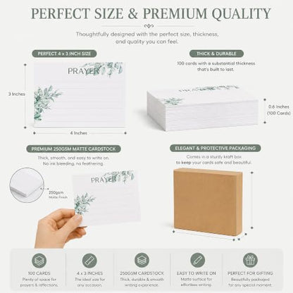 100 Pcs Lined Prayer Cards - 4x3 Christian Note Cards with Sage Green Botanical Art - 250GSM Matte Paper Boxed Set for Church, Small Group & Prayer Requests - color: SAGE GREEN