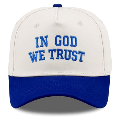 Embroidered Christian Two-Tone Baseball Cap for Men & Women, Adjustable Dad Hat Christmas Easter Gift - color: In God We Trust, Navy Blue/Beige