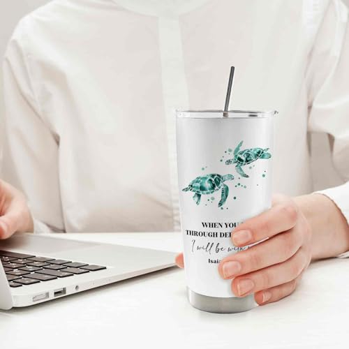 Christian Sea Turtle 20oz Travel Coffee Mug Tumbler, Christian Gifts for Women, When You Go Through Deep Waters Bible Verse Religious Stainless Steel Tumbler with Lid and Straw - color: Deepwater