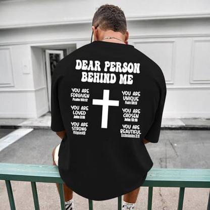 Mens Christian Bible Verse Shirts Dear Person Behind Me T Shirt Religious Jesus Inspirational Cross Graphic Tees - color: Black, size: Large