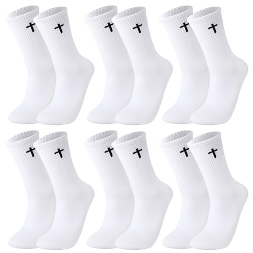 6 Pairs Cross Socks for Men US 7-9 Christian Pastor Crew Socks - color: White