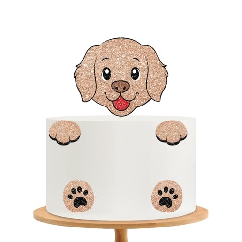 Puppy Dog Cake Topper, Dog Birthday Cake Decor, Brown Glitter Golden Retriever Paw Cake Topper for Boy, Pet Themed Birthday/Adoption Day Party Decoration - style: Puppy Dog