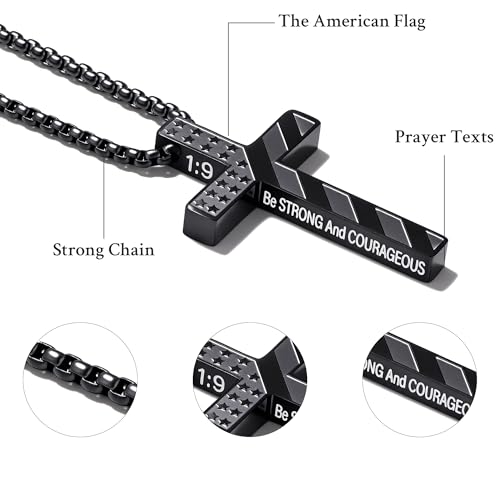 Cross Necklace for Men Black Gold Silver American Flag Pendant Chain Bible Verse Stainless Steel Necklaces Mens Stocking Stuffers for Christmas Christian Gifts - color: black, style: win