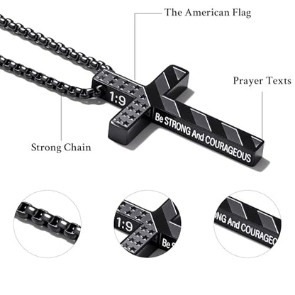 Cross Necklace for Men Black Gold Silver American Flag Pendant Chain Bible Verse Stainless Steel Necklaces Mens Stocking Stuffers for Christmas Christian Gifts - color: black, style: win