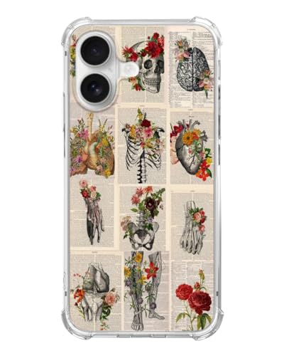 Body Anatomy Flowers Phone Case Compatible with iPhone 17, Skull Newspaper Aesthetic Phone Cover for iPhone 17 - color: Anatomy Aesthetic