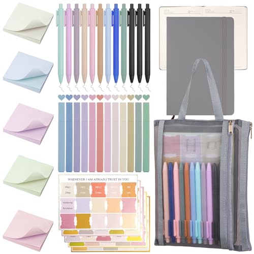 Bible Study Supplies,Bible Journaling Kit,Bible Study Kit with Journal,12 No Bleed Highlighters,12 Gel Pens,75 Tabs, 400 Sticky Notes,Christian Gifts for Women Men (Grey) - color: Grey