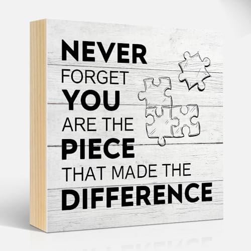 Never Forget You Are The Piece That Made The Difference 6x6" Motivational Wood Box Sign, Funny Office Wooden Plaque Desk Decor, Farewell Retirement Gifts For Coworker Boss, Going Away Gifts - color: White