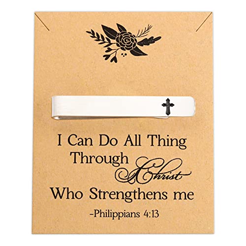 BEKECH Cross Tie Clips for Men Christian Faith Gift Philippians 4:13 First Communion Tie Tacks for Minister Clergy Officiant Groom Father of the Bride Day Tie Clip