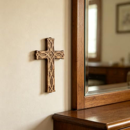 Hosley Hand-Carved Wooden Cross – 8 Inch Rustic Faith Wall Decor | Christian Gift, Prayer Room, Home Blessing, Wedding & Baptism Keepsake - size: 8"L x 4.8"W
