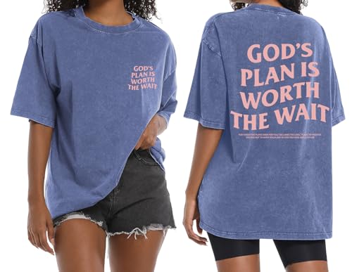 Christian Oversized Shirts for Women God Graphic Tees Shirts Bible Verse Jesus Shirt Religious Acid Wash Tshirts - color: Blue, size: Small