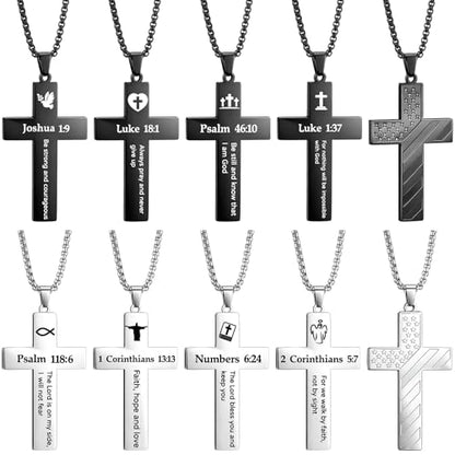 Ecally 8 Pcs Christian Cross Necklace for Men Father Religious Black Silver Stainless Steel Cross Church Gift USA Flag Chain - color: Mix