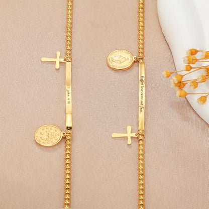 DS Women Christian Charm Bracelet,Cross Scripture Stainless Steel Jewelry - style: Perfect love casts out fear.-Gold