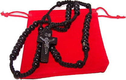 Holy Land Market Unisex Black Beads Pair of Black Wooden Rosaries with Velvet Bags for Keepsake - Wooden Rosary Necklace with Jesus Imprint Cross - 2 Rosaries with Bags