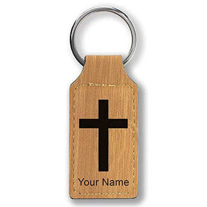 LaserGram Rectangle Keychain, Christian Cross, Personalized Engraving Included - color: Bamboo