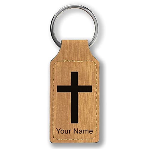 LaserGram Rectangle Keychain, Christian Cross, Personalized Engraving Included - color: Bamboo