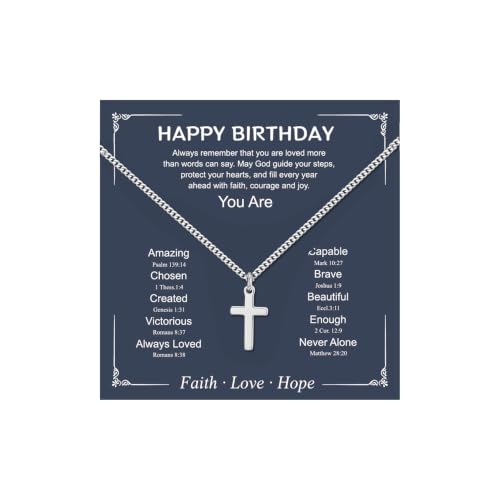 Small Cross Necklace for Boys Baptism Christmas Confirmation Valentines Easter Birthday Gifts to Teens Son Grandson Nephew - color: silver, style: Happy Birthday