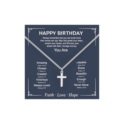 Small Cross Necklace for Boys Baptism Christmas Confirmation Valentines Easter Birthday Gifts to Teens Son Grandson Nephew - color: silver, style: Happy Birthday
