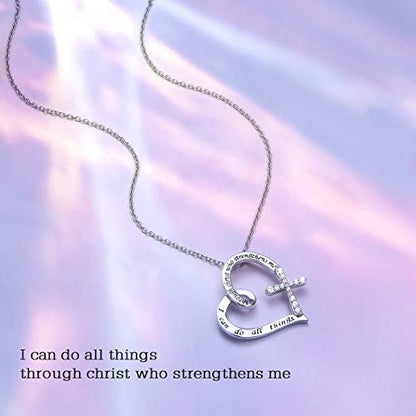 S925 Sterling Silver Christian Cross Heart Faith Bible Verse Necklace Rings - style: I can do all things through christ who strengthens me 1