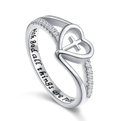 S925 Sterling Silver Christian Cross Heart Faith Bible Verse Ring for Women