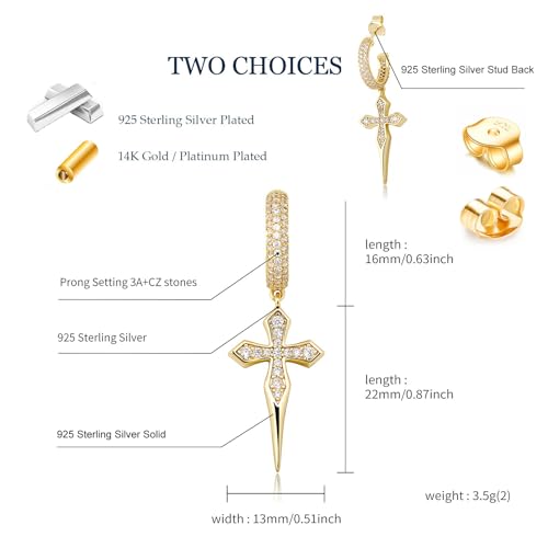 TOPGRILLZ Cross Hoop Dangle Earrings 925 Sterling Silver 5A+ Cubic Zirconia 14K Gold Hypoallergenic Cross Hoop Cuff Huggie Drop Earrings For Men Women - color: 925S Gold