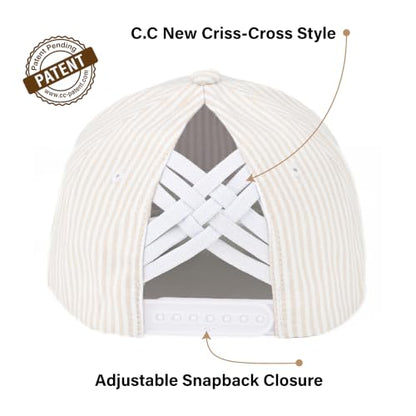 C.C Women's Criss-Cross Ponytail Trucker Hat - Snapback, One Size - color: Cotton Stripe-beige