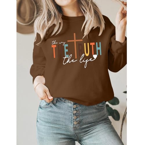 Tuislay Christian Sweatshirt Womens Jesus God Pullover Bible Verse Crewneck Sweatshirts Religious Cross Graphic Shirts - color: Brown, size: Medium