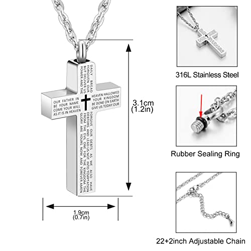 Cremation Cross Necklace for Ashes Stainless Steel Cross Urn Pendant Ashes Holder Memorial Jewelry-With Me Always - style: Lord's Prayer-Silver engraving