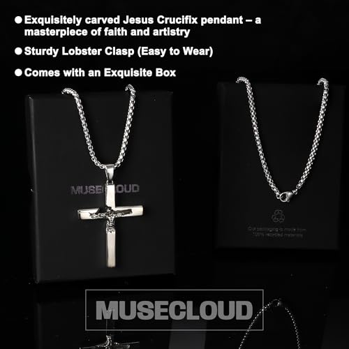 925 Sterling Silver Crucifix Necklace for Men, 18-26 Inch - color: Polished Sterling Silver Crucifix Pendant with Stainless Steel Chain, size: 18 in (46cm) Chain