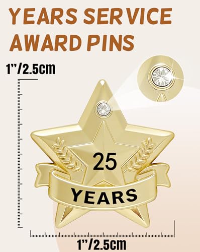 Years of Service Pins, Gold Star Pin for 1-30 Year Work Anniversary, Long Standing Employee Recognition Award Star Pins for Staff, Team & Volunteers - style: 25 Years