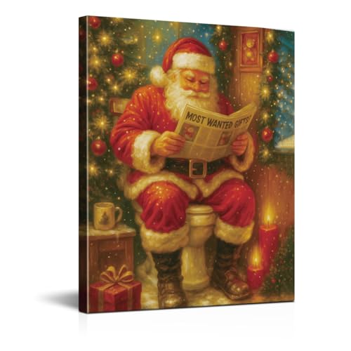 Funny Christmas Decorations - Santa Claus Bathroom Wall Art Picture Painting Artwork - Red Indoor Holiday Christmas Decor for Wall Table Mantel Home Farmhouse 8"x10" Framed - color: color-m