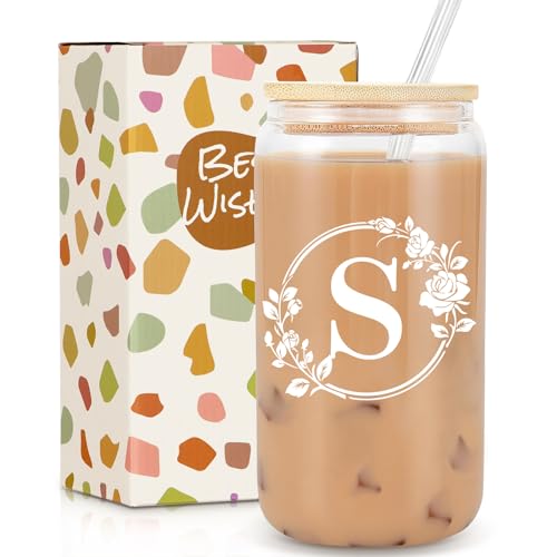 Birthday Gifts for Women, Monogrammed Initial Glass Cup Personalized Gifts for Women, 16oz Glass Cups with Lids and Straws, Iced Coffee Cup, Beer Can Shaped Glass - Gifts for Mothers Day, Christmas, S - style: S